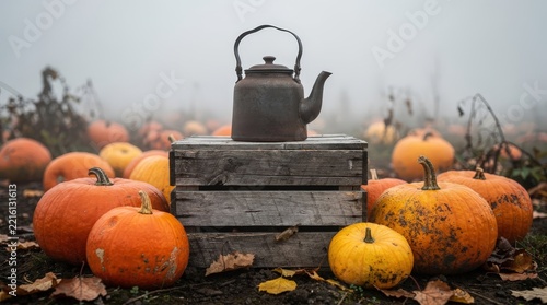 Rustic Metal Teapot on Weathered Wooden Crate Amidst Vibrant Pumpkins in Misty Autumn Field, Soft Diffused Morning Light, Earthy Tones and Textures, Capturing Seasonal Tranquility and Harvest Charm