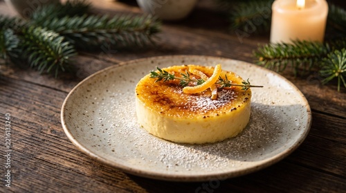 A delectable creme brulee, perfectly caramelized and adorned with fresh herbs, sits elegantly on a rustic plate, creating a cozy and festive holiday ambiance with a lit candle and evergreen branches.