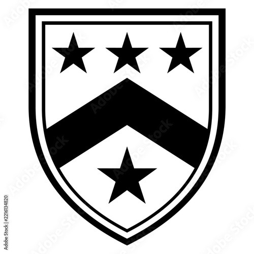 Heraldic shield design with chevron and star symbols in black and white