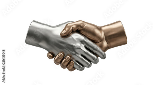 Metallic handshake sculpture symbol, silver and bronze metallic hands shaking in agreement isolated on plain white background. Business partnership agreement sculpture