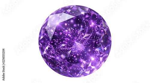 Sparkling faceted purple gemstone with glowing galaxy inner sparkle isolated on white background, brilliant round cut amethyst crystal jewel for luxury branding and jewelry design
