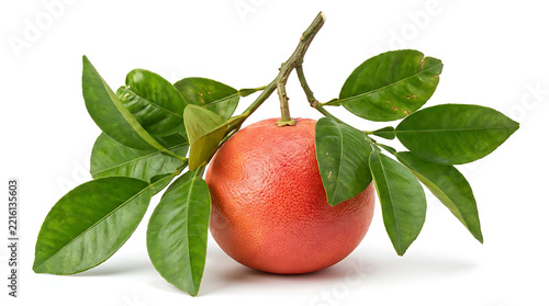 Fresh ruby red grapefruit with stem and vibrant green leaves isolated on white background, premium organic citrus fruit photo for food packaging and dietary health concepts. Ripe pink grapefruit
