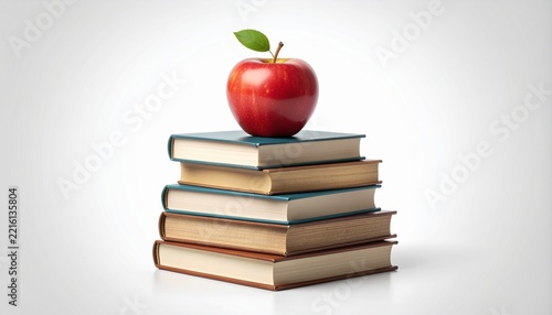 A red apple resting on top of a stack of old hardcover books.