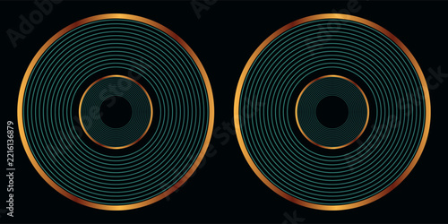 Dark green luxury abstract background with overlapping layers and sparkling gold circle effect decoration. Modern striped style concept for banners, flyers, cards, covers, and brochures.