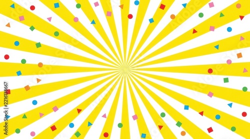 Yellow and white sunburst background decorated with colorful geometric shapes scattered across the surface for festive design