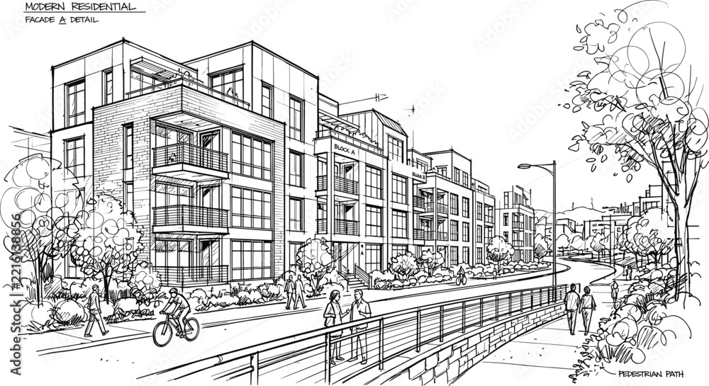 Obraz premium Urban residential block perspective illustration with brick facade multi level balconies bicycle lane and pedestrian pathway