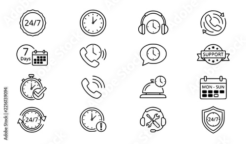 Customer support and availability outline icon set with 24/7 service, clock, headphones, phone, calendar, service bell, tools and shield for help desk websites