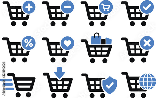Shopping cart icons set for ecommerce store including add remove discount delivery and secure checkout