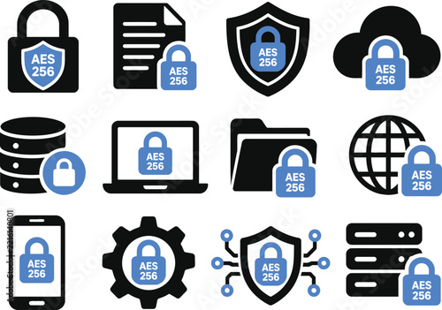 Set of cyber security icons representing AES 256 data encryption and protection across modern digital systems.