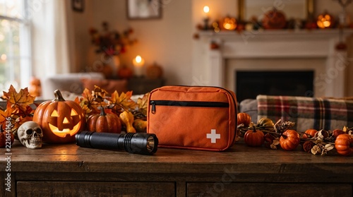 Orange first aid kit and flashlight on a table with Halloween pumpkins and autumn decorations, emphasizing safety during the holiday season