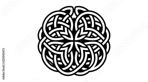 Celtic knot circular pattern monochrome geometric art.