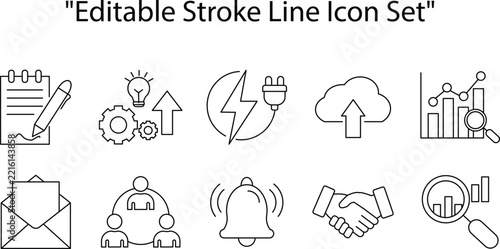 Minimalist editable stroke line icon set featuring business data analytics technology and corporate networking symbols