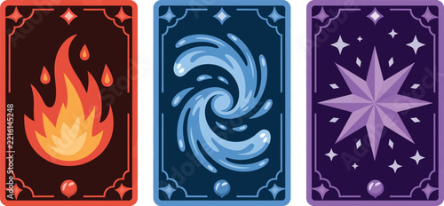 Obraz na plátně Three fantasy magic cards with fire water and star symbols, mystical game designs featuring elemental powers, enchanted motifs and magical adventure themes