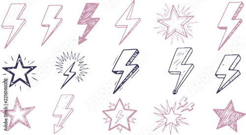 Lightning Bolt and Star Doodle Vector Set in Pink and Dark Purple Sketch Style   