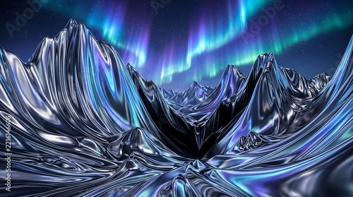 Metallic mountain landscape with aurora borealis shimmering in night