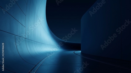 Modern architectural tunnel with smooth blue curved walls and