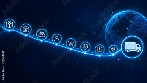 Conceptual digital global supply chain management flowchart with glowing blue icons representing logistics, shipping, warehouse, delivery tracking, and e-commerce on a dark background.