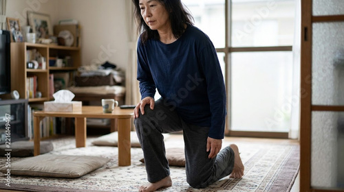 床から立ち上がるため膝に手をつく中年女性