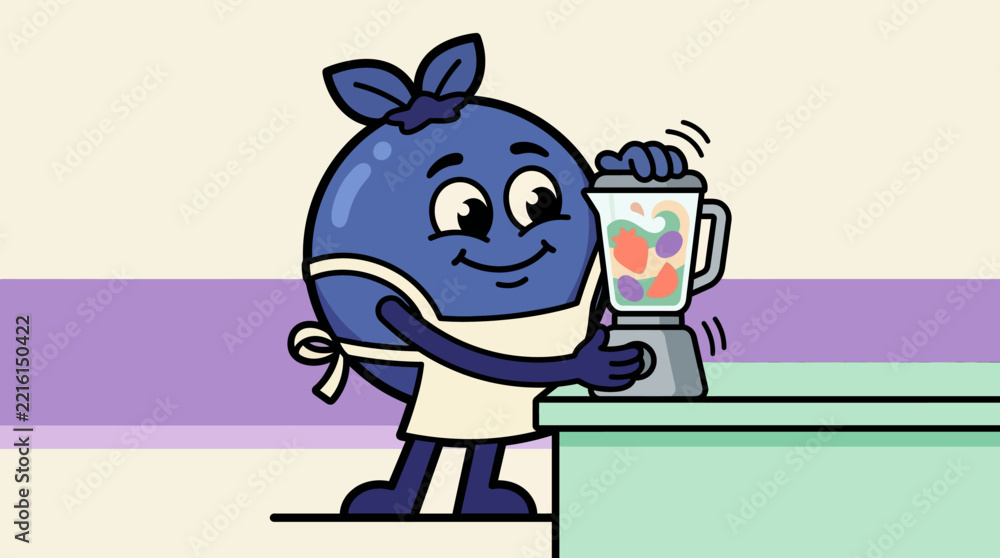 Obraz premium Blueberry character wearing apron making smoothie with blender.