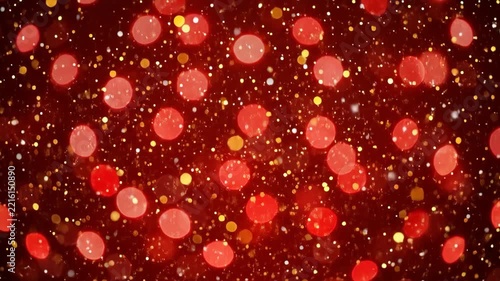 Festive Red Bokeh Background with Floating Golden Dust Particles.