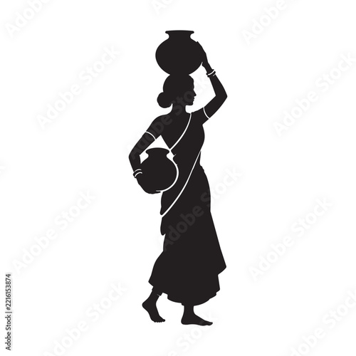 Indian Village Woman Carrying Clay Pots