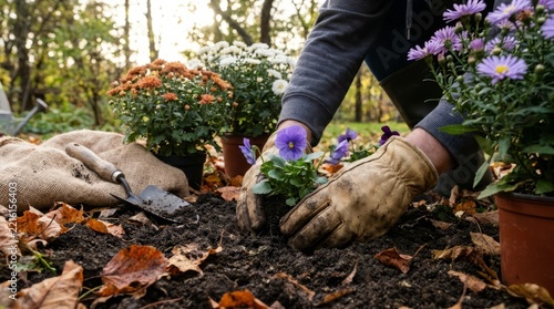 Close-up of a Person Planting Small Purple Flowers in Rich Dark Soil During Autumn Season in a Garden