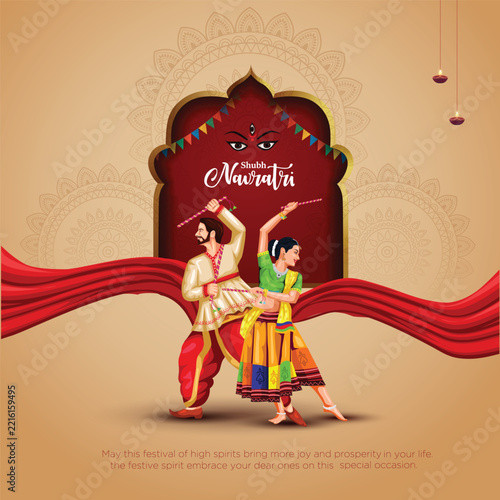 Premium Navratri festival illustration. traditional Dandiya dancers, Goddess Durga backdrop, elegant mandala patterns, flowing red ribbons, and warm festive tones, perfect for cultural celebration