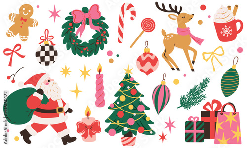 Christmas holiday illustration set with Santa Claus, Christmas tree, wreath, ornaments, gifts, gingerbread cookie, candy cane and festive decorations. Merry Christmas Hand Drawn Vector Illustrations