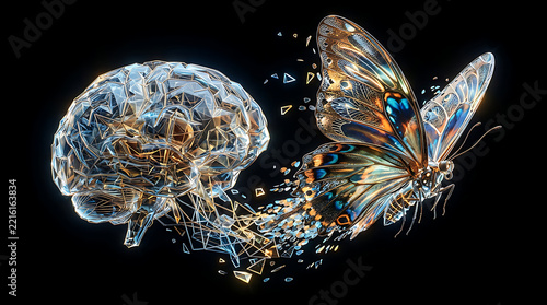 Glowing glass human brain transforming into butterfly, luminous butterfly effect concept for neuroplasticity, mental evolution artwork