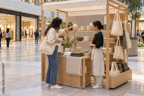 Customer browsing handmade goods at mall pop-up shop
