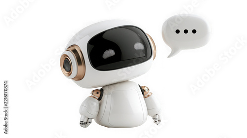 Small white and gold robot with a speech bubble on white background