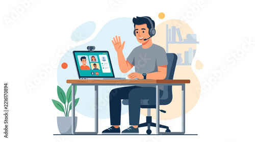 Man Waving Hello During a Video Conference Call with Colleagues - Remote Work Concept