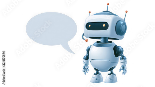 Cute white robot character standing next to a blank speech bubble