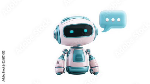 A small cute robot with a blue speech bubble on white background