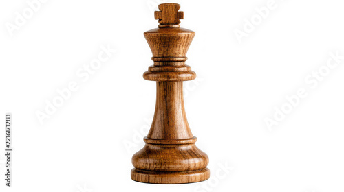 A single wooden chess king piece standing against white background