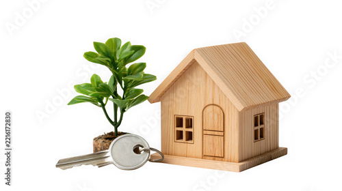 Wooden house model with a metal key
