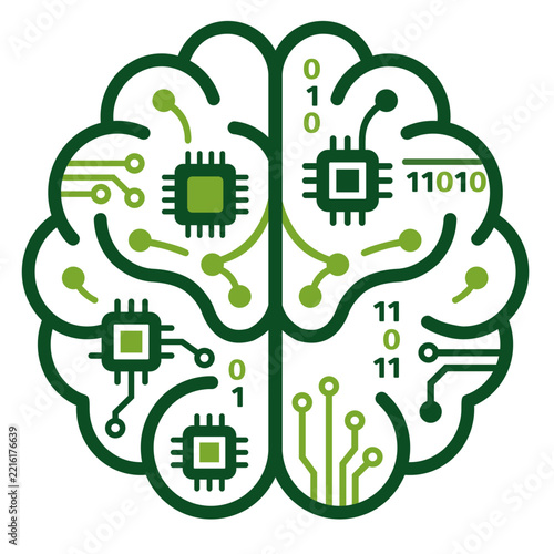 Green Digital Brain with Microchips and Binary Code Symbolizing Artificial Intelligence and Cognitive Computing