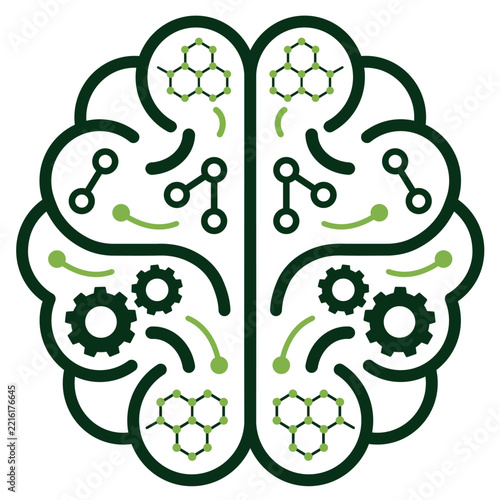 Green Brain Icon with Chemical Molecules and Gears Symbolizing Science and Technology