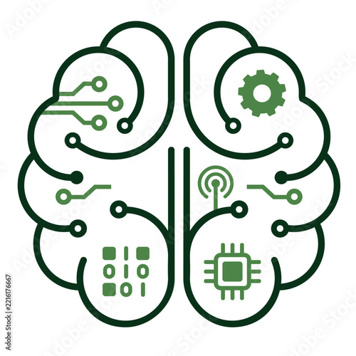 Artificial Intelligence Digital Brain Icon with Circuit Lines and Tech Elements