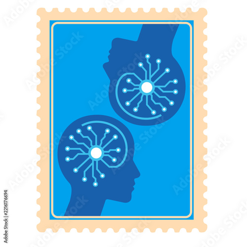 Neural Network and Artificial Intelligence Concept Stamp Illustration with Two Human Profiles and Digital Brain Circuitry