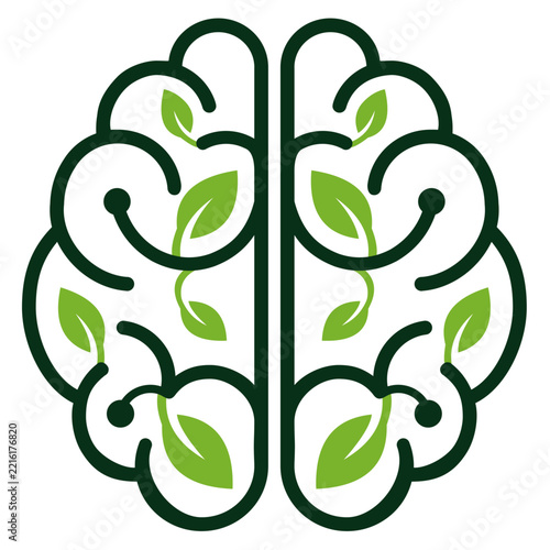 Green Brain with Leaves Logo representing Mental Health Ecology and Neurodiversity Concept