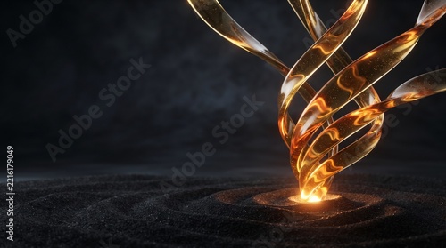 A complex golden twisted structure, illuminated by an intense central glow, emerges organically from dark, rippled sand.