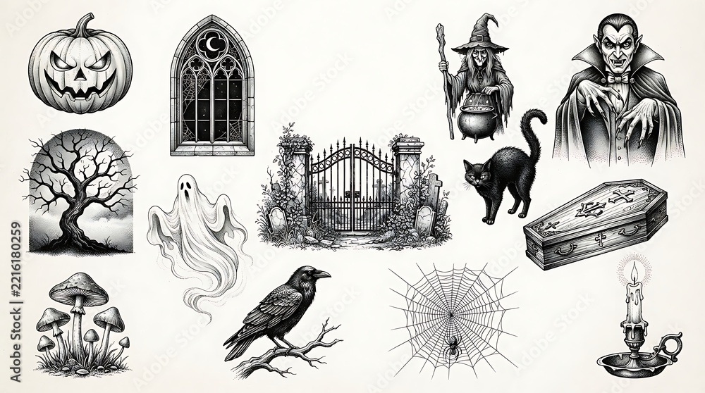 Fototapeta premium Halloween vector set with spooky elements like vampire witch ghost and pumpkin in vintage ink style