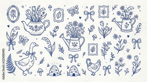 Vintage Cottagecore Clipart Set with Hand Drawn Garden Botanicals Farm Animals Teapot Watering Can and Flowers Blue Line Art