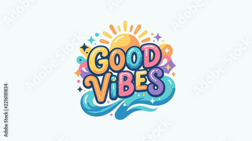 Colorful Good Vibes Typography Design with Summer Sun and Ocean Waves Illustration