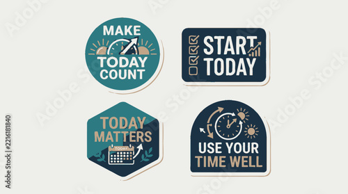 Set of Inspirational Productivity Stickers Featuring Motivational Quotes and Time Management Icons for Daily Planning and Goal Setting