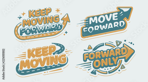Collection of Inspirational Motivational Typography Badges Featuring Retro Style Lettering and Directional Arrow Graphics for Success Themes