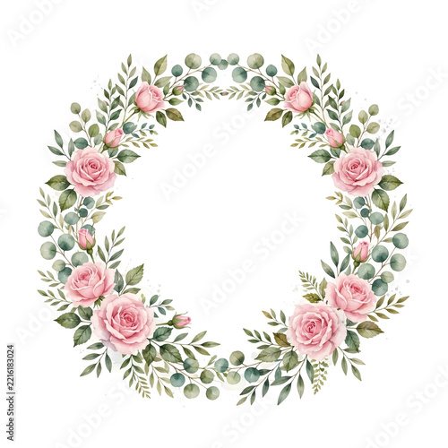 Watercolor pink rose floral wreath illustration with eucalyptus leaves isolated on white background