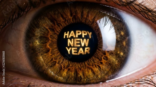 Festive Happy New Year message in human eye, macro brown iris with golden text, visionary concept for holiday celebration and future goals