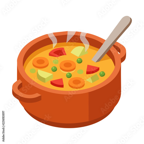 simple vector food icon of a warm soup bowl with vegetables and spoon, clean geometric shapes, isometric proportion, solid flat colors, minimal details, isolated white background